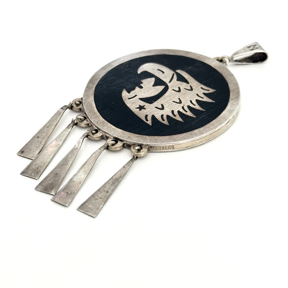 Vintage Taxco Mexico Sterling Turquoise Onyx Heavy Medallion Reversible Pendant - Picture 7 of 12